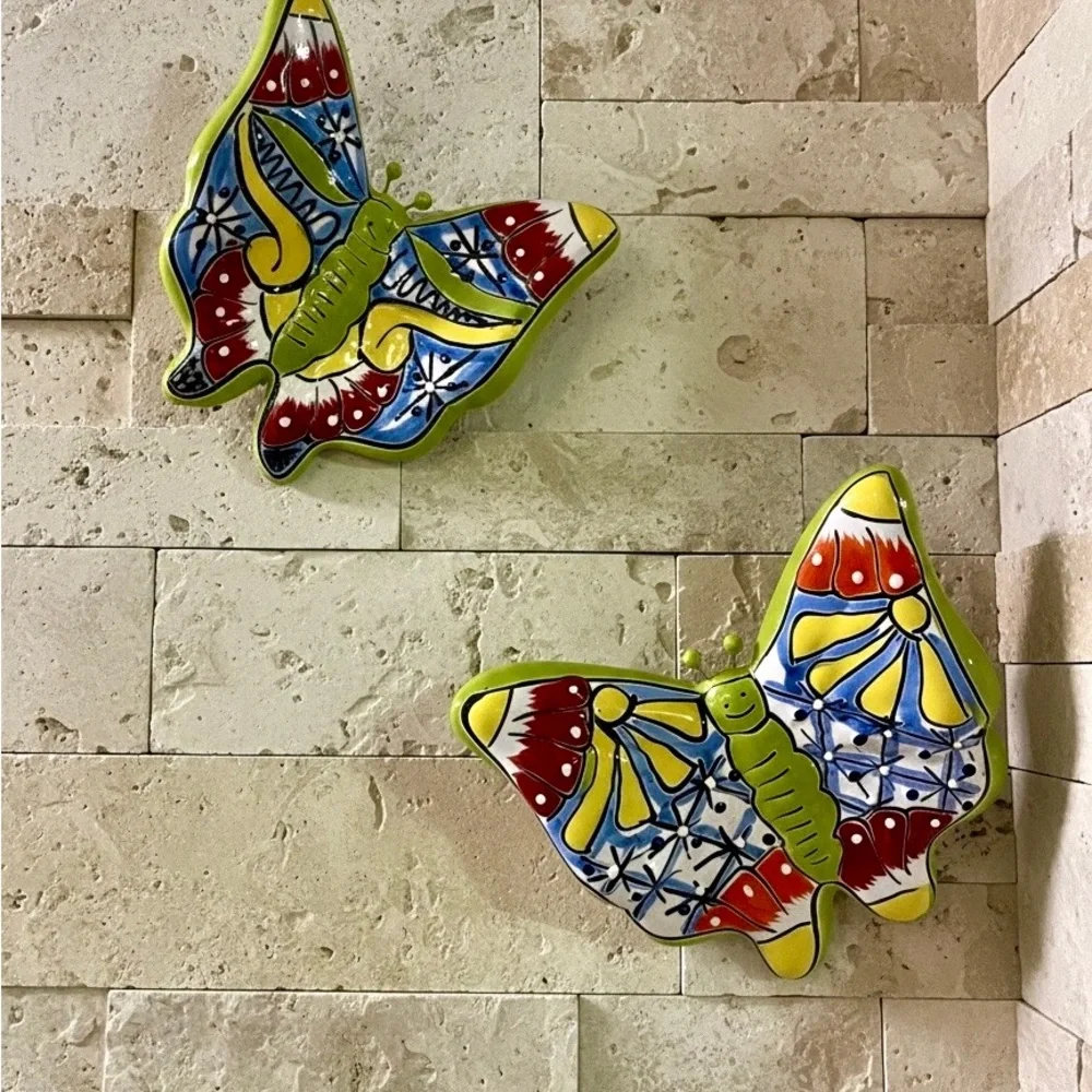 Decorative Talavera Ceramic Butterfly Wall Art in Multicolor Set of 2